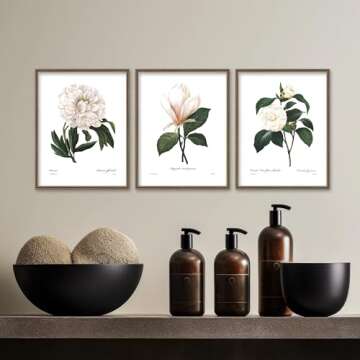 White Flower Art - 8x10 Inch French Botanical Prints, Redoute Illustrations, Set of 3 - Unframed