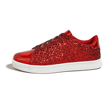 LUCKY STEP Glitter Sneakers Lace up | Fashion Sneakers | Sparkly Shoes for Women (7 B(M) US,Red)