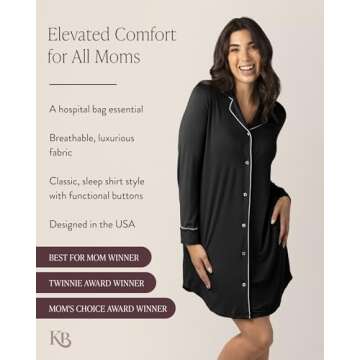 Kindred Bravely Clea Button Down Nursing Nightgown | Long Sleeve Maternity Nightgown (Black, Large)