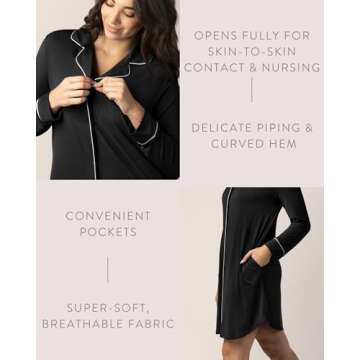 Kindred Bravely Clea Button Down Nursing Nightgown | Long Sleeve Maternity Nightgown (Black, Large)