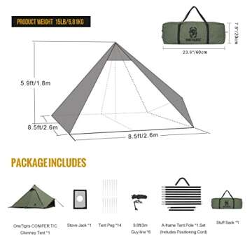 OneTigris Conifer Canvas Hot Tent with Stove Jack, Fire Retardant Teepee Tent for Adults with Snow Skirt for Tent Stove Winter Camping, Travel, Bushcraft