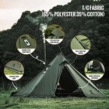OneTigris Conifer Canvas Hot Tent with Stove Jack, Fire Retardant Teepee Tent for Adults with Snow Skirt for Tent Stove Winter Camping, Travel, Bushcraft