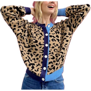 Women Open Front Leopard Cardigan Cheetah Print Knit Tops Oversized Button Down Crew Neck Sweater Ca...