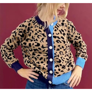 Women Open Front Leopard Cardigan Cheetah Print Knit Tops Oversized Button Down Crew Neck Sweater Cardigan Jacket