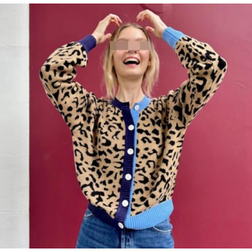 Women Open Front Leopard Cardigan Cheetah Print Knit Tops Oversized Button Down Crew Neck Sweater Cardigan Jacket