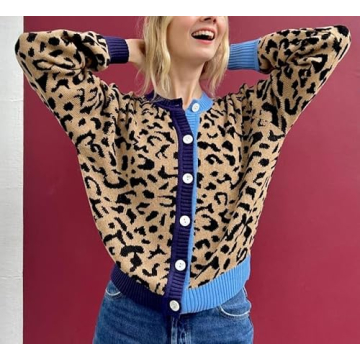 Women Open Front Leopard Cardigan Cheetah Print Knit Tops Oversized Button Down Crew Neck Sweater Cardigan Jacket