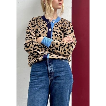 Women Open Front Leopard Cardigan Cheetah Print Knit Tops Oversized Button Down Crew Neck Sweater Cardigan Jacket