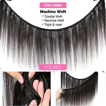 Grace Length Straight 3 Bundle Human Hair 12 14 16 Inch Three Bundles Double Weft High Elasticity Hair Extensions 100% Unprocessed Brazilian Human Hair for Women (Natural Color)