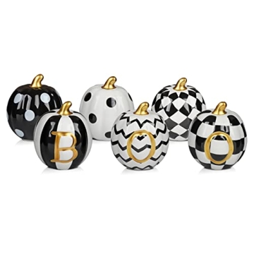 DAZONGE Halloween Decorations Indoor - Set of 6 Ceramic Pumpkin Decor - Assorted Black and White Boo...
