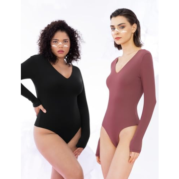 PUMIEY Long Sleeve Bodysuit for Women V Neck