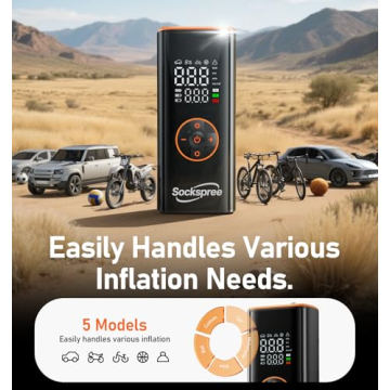 Sockspree Tire Inflator Portable Air Compressor 5 in 1 Cordless Smart Pump with Tire Pressure Gauge ...