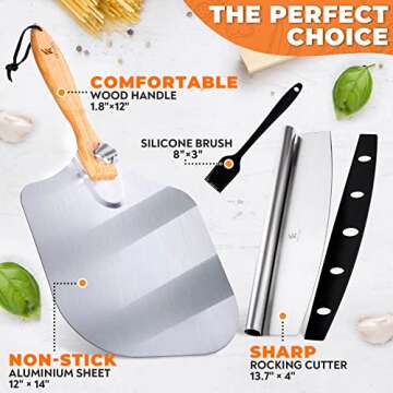 ELEVATEY Pizza Peel 12 Inch with Pizza Cutter. Pizza Paddle, Pizza Cutter Rocker & Silicone Brush. M...