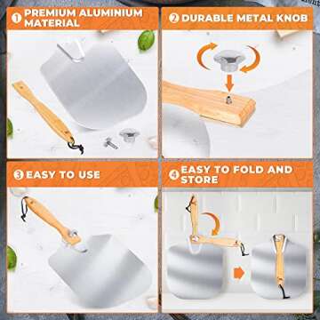 ELEVATEY Pizza Peel 12 Inch with Pizza Cutter. Pizza Paddle, Pizza Cutter Rocker & Silicone Brush. Metal Spatula with Foldable Wood Handle, Pizza Slicer For Outdoor Pizza Oven, Pizza Oven Accessories.