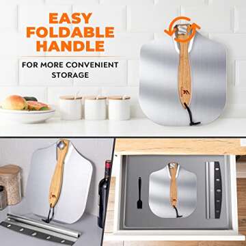 ELEVATEY Pizza Peel 12 Inch with Pizza Cutter. Pizza Paddle, Pizza Cutter Rocker & Silicone Brush. Metal Spatula with Foldable Wood Handle, Pizza Slicer For Outdoor Pizza Oven, Pizza Oven Accessories.