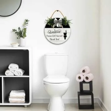 Lefangovs-Welcome, Please Seat Yourself Sign 12in Rustic Wood Plaque Vintage Wooden Sign,Bathroom Sign Wall Art Farmhouse Decor for Bathroom Wash House Toilet Housewarming Gifts