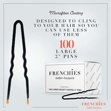 Frenchies French Twist Hair Pin, Ultra Flocked Extra Soft French Hair Pins for Women, Wedding, Updo Extensions, or Wig, 100 Count, Black, Small (2 inch)