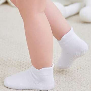 ZAPLES Baby Non Slip Grip Ankle Socks with Non Skid Soles for Infants Toddlers Kids Boys Girls, White, 4-7 Years