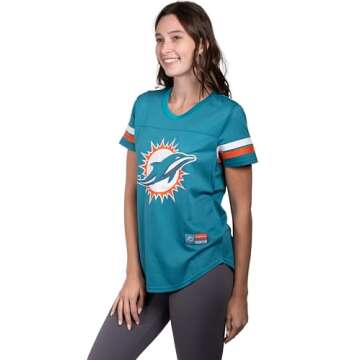 Ultra Game NFL Miami Dolphins Womenss Soft Mesh Jersey Varsity Stripe Jock Tag Crew Neck Tee Shirt T...