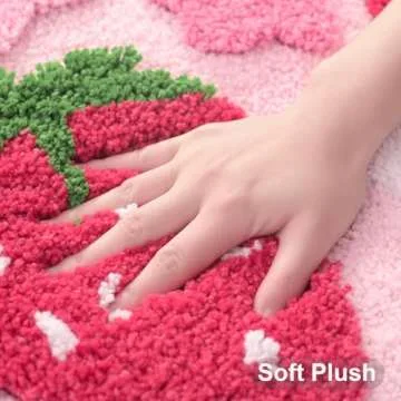 Soft Pink Strawberry Bathroom Rug - Non-Slip, Washable