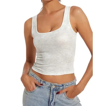 AnotherChill Women's Ribbed Crop Tank Tops Scoop Neck High Back Basic Sleeveless Rib Shirt Summer At...