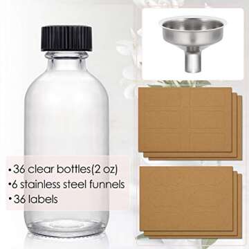 36 Pack, 2 oz Small Clear Glass Bottles w/ Lid & 6 Stainless Steel Funnels - 60ml Boston Sample Bott...