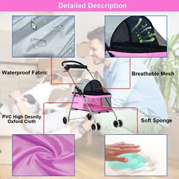 BestPet Pet Stroller 4 Wheels Posh Folding Waterproof Portable Travel Cat Dog Stroller with Cup Holder,Pink