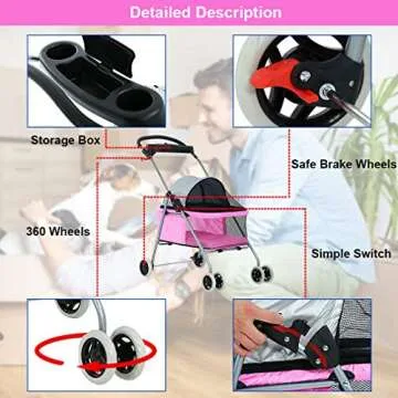 BestPet Pet Stroller 4 Wheels Posh Folding Waterproof Portable Travel Cat Dog Stroller with Cup Holder,Pink