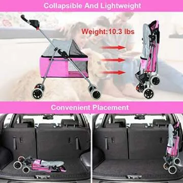BestPet Pet Stroller 4 Wheels Posh Folding Waterproof Portable Travel Cat Dog Stroller with Cup Holder,Pink