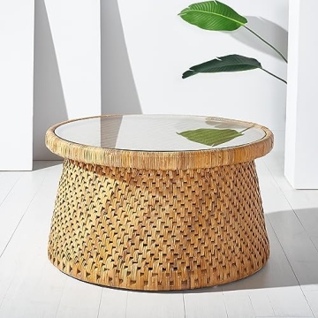SAFAVIEH Couture Collection Lianna Coastal Round Coffee Table in Natural Rattan with Clear Glass Top