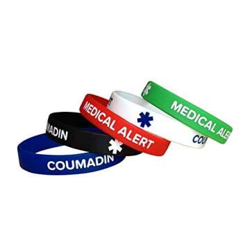 Coumadin Silicone Medical Alert Bracelets – 5 Pack for Men & Women