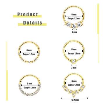 Drperfect Daith Earrings 16G Stainless Steel Cartilage Helix Tragus Nose Hoop Piercing Jewelry 8MM Gold Plated CZ Hinged Septum Clicker Rings