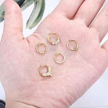 Drperfect Daith Earrings 16G Stainless Steel Cartilage Helix Tragus Nose Hoop Piercing Jewelry 8MM Gold Plated CZ Hinged Septum Clicker Rings