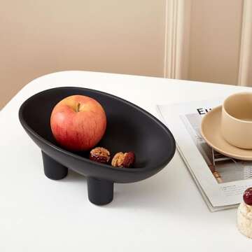 Denique Ceramic Fruit Bowl for Kitchen Counter, 10inch 3-Legs Decorative Bowl for Table Decor, Ceramic Fruit Plate Snack Stand Oval Large Bowls for Fruit Breads Snack (Black)