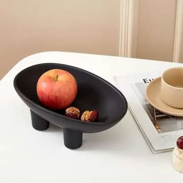Denique Ceramic Fruit Bowl for Kitchen Counter, 10inch 3-Legs Decorative Bowl for Table Decor, Ceramic Fruit Plate Snack Stand Oval Large Bowls for Fruit Breads Snack (Black)