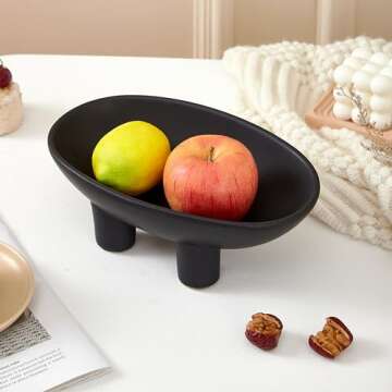 Denique Ceramic Fruit Bowl for Kitchen Counter, 10inch 3-Legs Decorative Bowl for Table Decor, Ceramic Fruit Plate Snack Stand Oval Large Bowls for Fruit Breads Snack (Black)