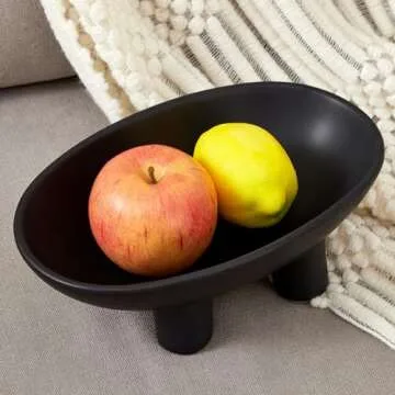 Denique Ceramic Fruit Bowl for Kitchen Counter, 10inch 3-Legs Decorative Bowl for Table Decor, Ceramic Fruit Plate Snack Stand Oval Large Bowls for Fruit Breads Snack (Black)