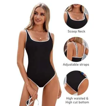 BMJL Women's One Piece Swimsuit Sports Adjustable Strap Bathing Suit Color Block Ribbed High Cut Swimsuits(S,Black)