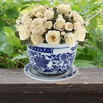 Yardwe Ceramic Flower Pot with Saucer, Blue and White Porcelain Planter for Indoor Plants, Decorativ...