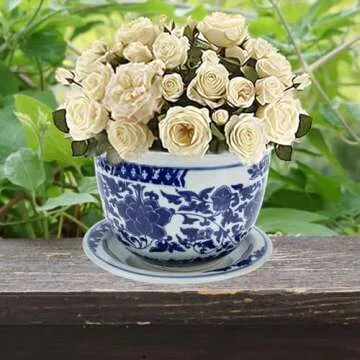 Yardwe Ceramic Flower Pot with Saucer, Blue and White Porcelain Planter for Indoor Plants, Decorativ...