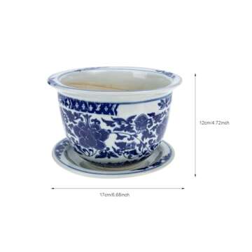 Yardwe Ceramic Flower Pot with Saucer, Blue and White Porcelain Planter for Indoor Plants, Decorative Bonsai Pot with Drainage Hole for Home Balcony Office (6.69 Inch)