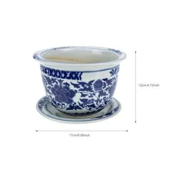 Yardwe Ceramic Flower Pot with Saucer, Blue and White Porcelain Planter for Indoor Plants, Decorative Bonsai Pot with Drainage Hole for Home Balcony Office (6.69 Inch)