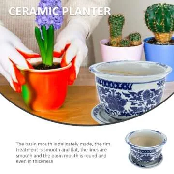 Yardwe Ceramic Flower Pot with Saucer, Blue and White Porcelain Planter for Indoor Plants, Decorative Bonsai Pot with Drainage Hole for Home Balcony Office (6.69 Inch)