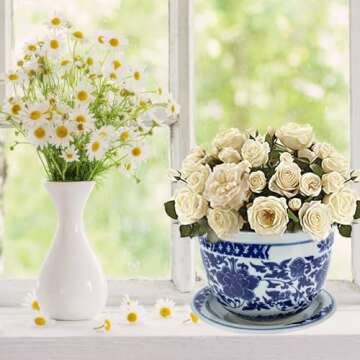 Yardwe Ceramic Flower Pot with Saucer, Blue and White Porcelain Planter for Indoor Plants, Decorative Bonsai Pot with Drainage Hole for Home Balcony Office (6.69 Inch)