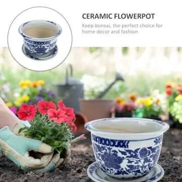 Yardwe Ceramic Flower Pot with Saucer, Blue and White Porcelain Planter for Indoor Plants, Decorative Bonsai Pot with Drainage Hole for Home Balcony Office (6.69 Inch)