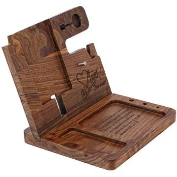 Wood Phone Docking Station for Men Personalized - Valentine's Day Idea for Husband Boyfriend Birthday Gift for Him - Wooden Organizer Nightstand Organizer