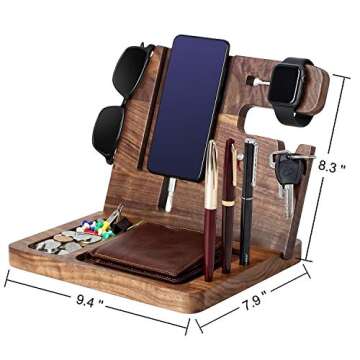 Wood Phone Docking Station for Men Personalized - Valentine's Day Idea for Husband Boyfriend Birthday Gift for Him - Wooden Organizer Nightstand Organizer