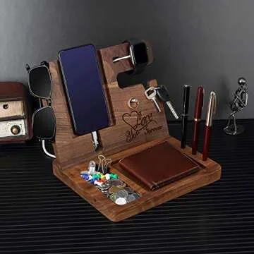Wood Phone Docking Station for Men Personalized - Valentine's Day Idea for Husband Boyfriend Birthday Gift for Him - Wooden Organizer Nightstand Organizer