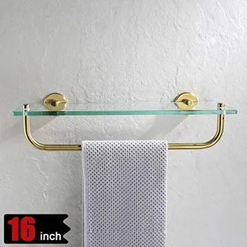 JQK Bathroom Glass Shelf with Towel Bar and Gold Finish