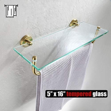 JQK Bathroom Glass Shelf with Towel Bar and Gold Finish