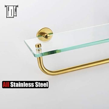 JQK Bathroom Glass Shelf with Towel Bar and Gold Finish